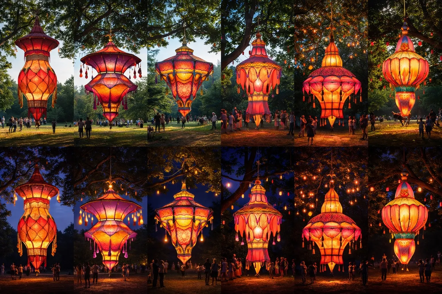 Glowing patterned lanterns strung through the trees at dusk